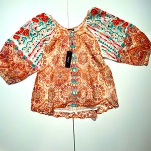 Tolani Embroidered MultiColored Floral Aztec Statement Ballon Sleeves NWT Size M